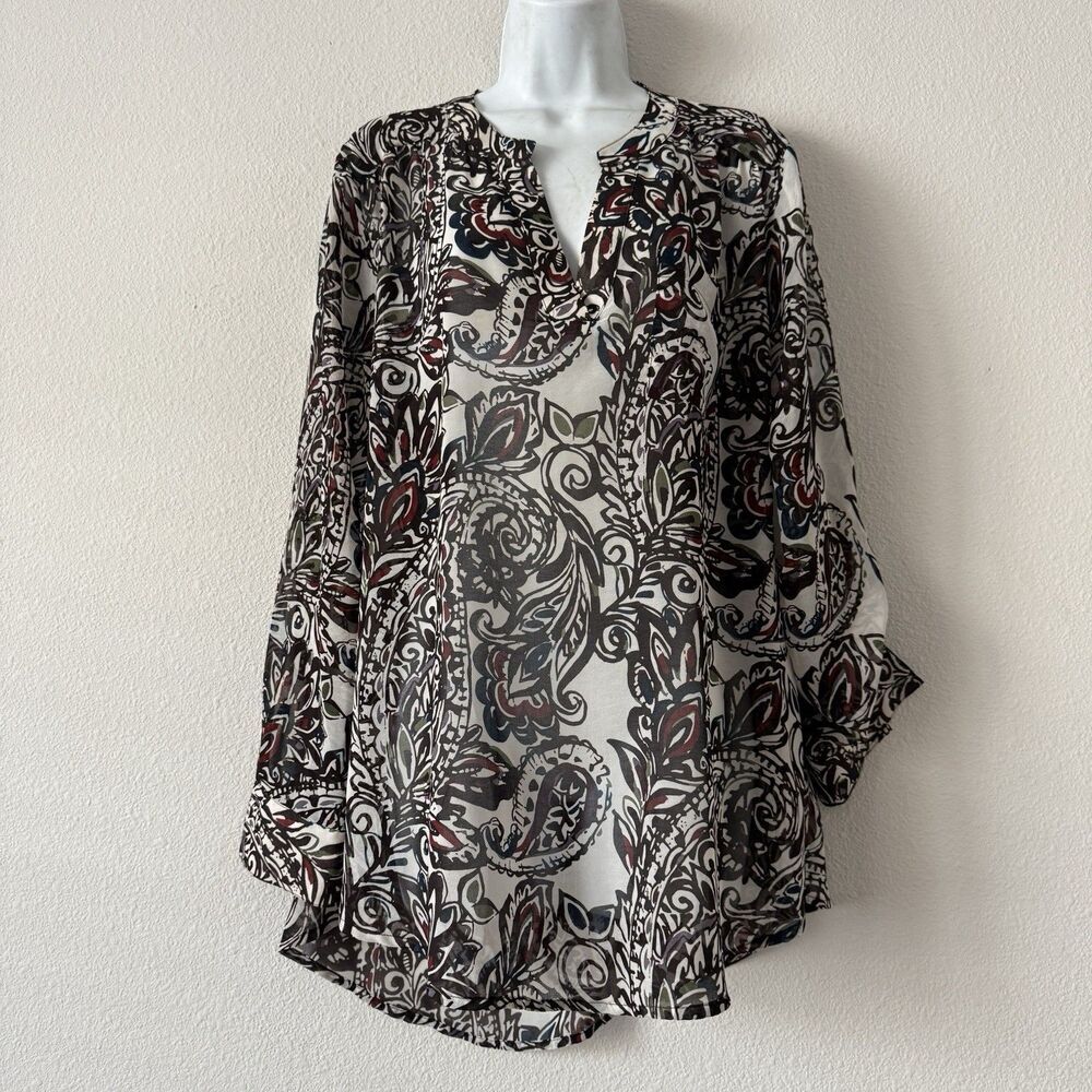 Ariat Tunic Blouse Womens Size L Multicolor Paisley Boho Western Hi-Low Chiffon